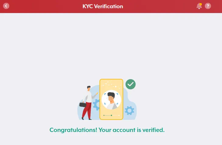 AsianConnect üye alanındaki KYC Doğrulama ekranı: yüz ve onay işareti gösteren bir telefon çizimi ve hesabın doğrulandığını bildiren mesaj.