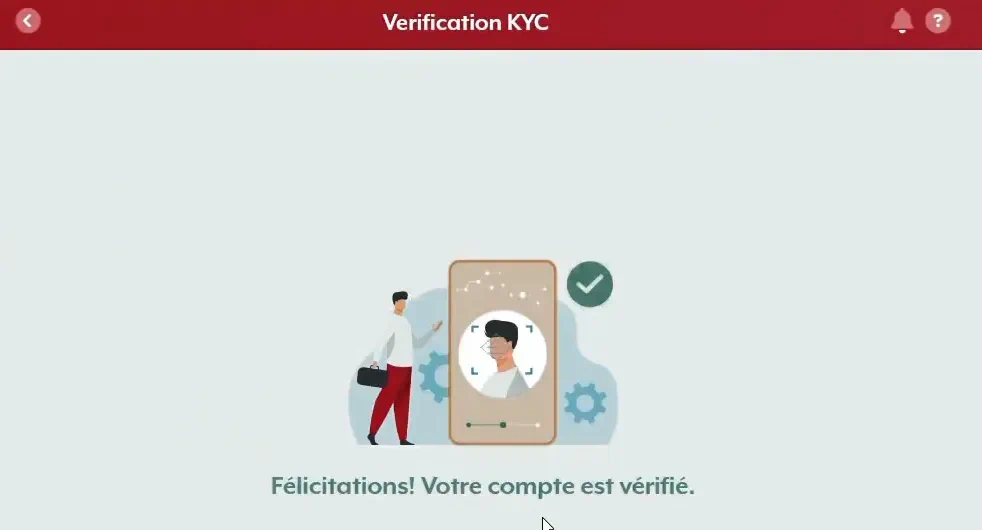Verification KYC screen of the AsianConnect member area in French, with a drawing of a phone showing a face and a tick, and the message that the account is verified.
