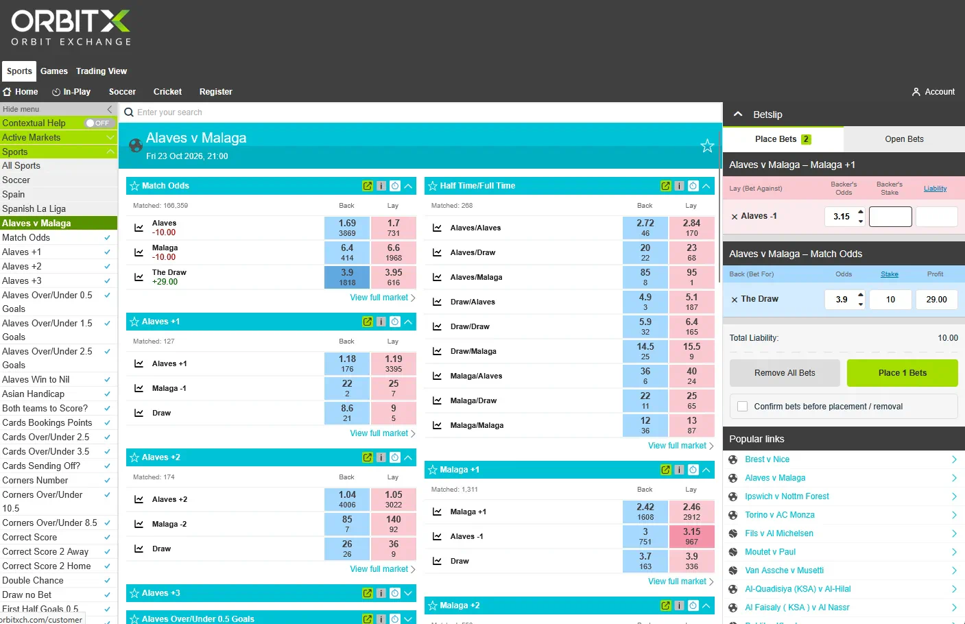 OrbitX match page for Alaves v Malaga: a sports menu on the left, Match Odds, Half Time/Full Time and handicap markets in the centre with back prices in blue and lay prices in pink, and a betslip with a bet in progress on the right.