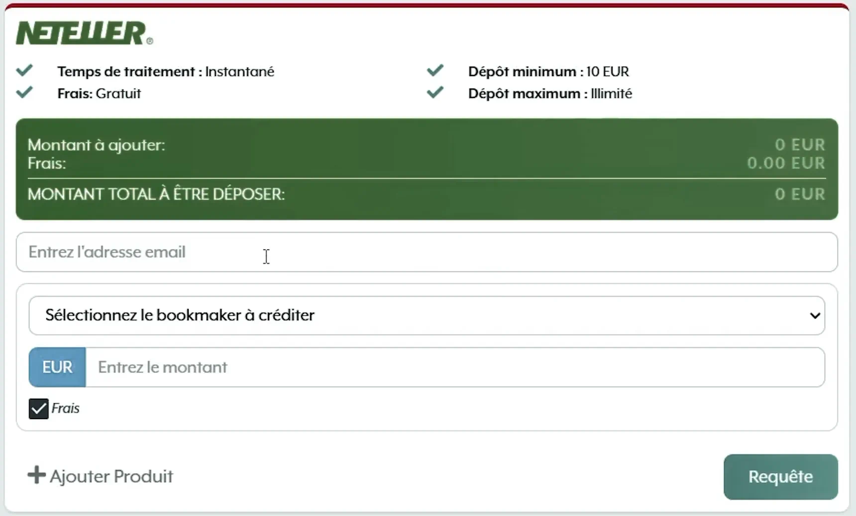 Neteller deposit form of the AsianConnect member area in French: processing time instant, no fee, minimum deposit 10 EUR and no maximum, then fields for the email address, the bookmaker to credit and the amount.