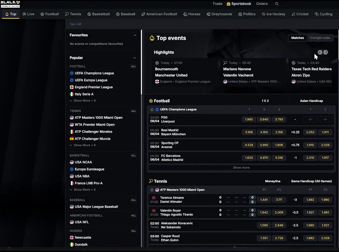 BLACK sportsbook view: sports tabs along the top, favourites and popular leagues on the left, and top events in the centre with football 1X2 and Asian Handicap odds and tennis lines.