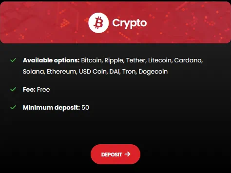 BetInAsia crypto deposit card listing the coins on offer: Bitcoin, Ripple, Tether, Litecoin, Cardano, Solana, Ethereum, USD Coin, DAI, Tron and Dogecoin, with a Deposit button.
