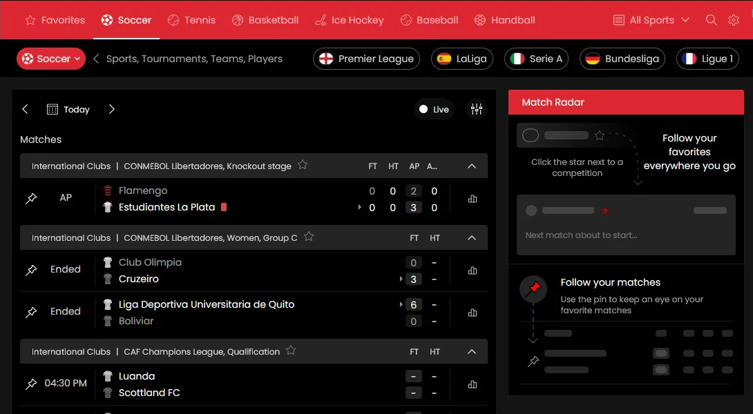 BetInAsia Sports Stats page for football: matches grouped by competition with scores and times, and a Match Radar panel on the right for following favourite competitions and matches.