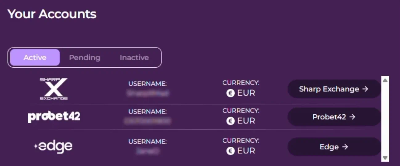 Your Accounts list in the MadMarket portal, with Active, Pending and Inactive tabs and three active accounts, Sharp Exchange, Probet42 and Edge, each with a username and the euro currency.