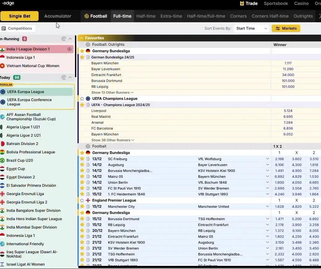 Edge trading screen: Single Bet and Accumulator tabs, football periods along the top, a list of competitions on the left, and German Bundesliga outright prices followed by 1X2 prices for upcoming matches.