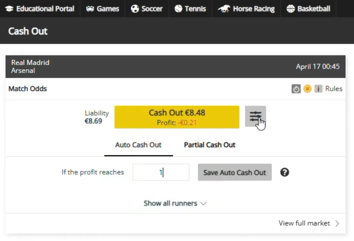 Sharp Exchange Cash Out page for a Real Madrid v Arsenal Match Odds position, with a Cash Out button, the liability and tabs for Auto Cash Out and Partial Cash Out.