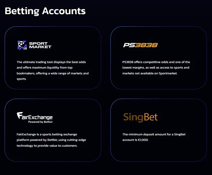 Betting Accounts page of the Sportmarket Main Account with four tiles: the Sportmarket platform, PS3838, FairExchange and SingBet, each with a short description.