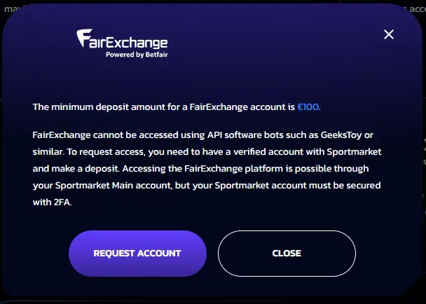 Dialog for requesting a FairExchange account at Sportmarket, with the access conditions, a verified Sportmarket account with two-factor authentication, and Request Account and Close buttons.
